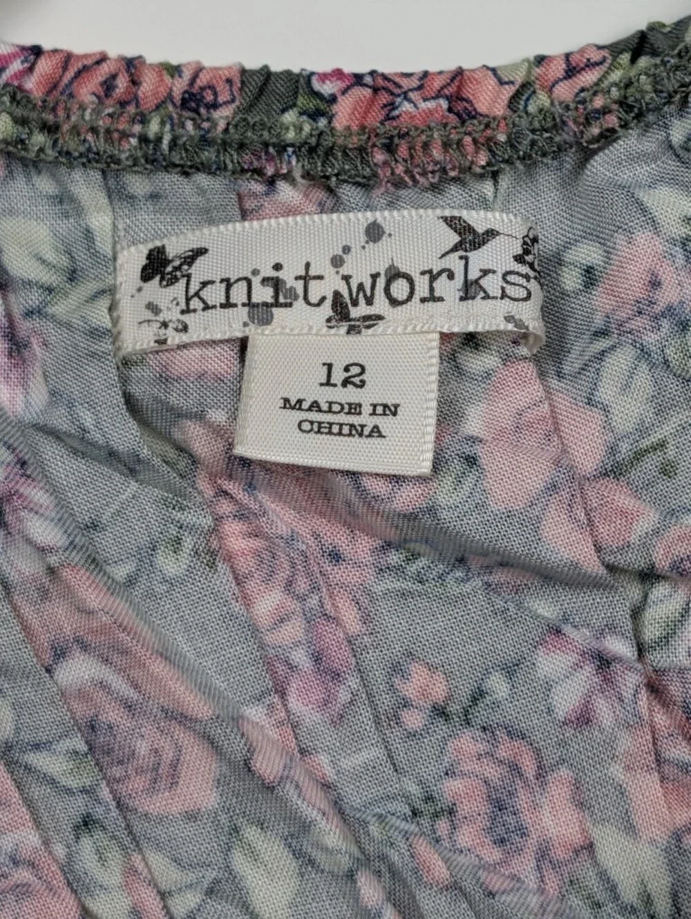 Knitworks Girls Size 12 Floral Tiered Cami Dress Sage Pink Crochet Trim